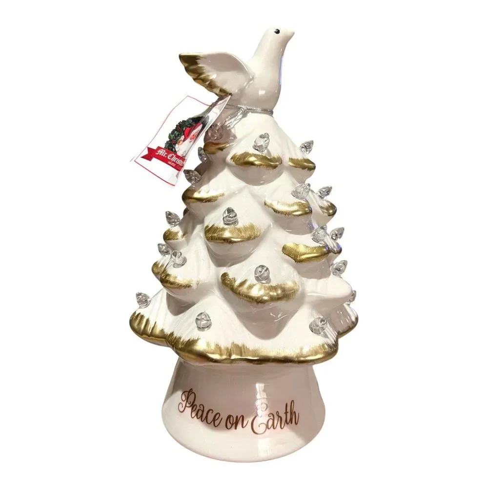Mr Christmas Ceramic Christmas Tree Peace on Earth White Dove Lit Timer 8.5 x 5
